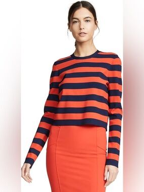 Veronica Beard Navy and Orange Striped Long Sleeve Tee
